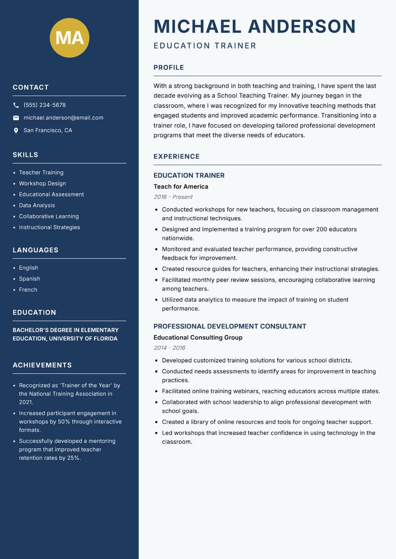 School Teaching Trainer resume sample — Education Trainer focus