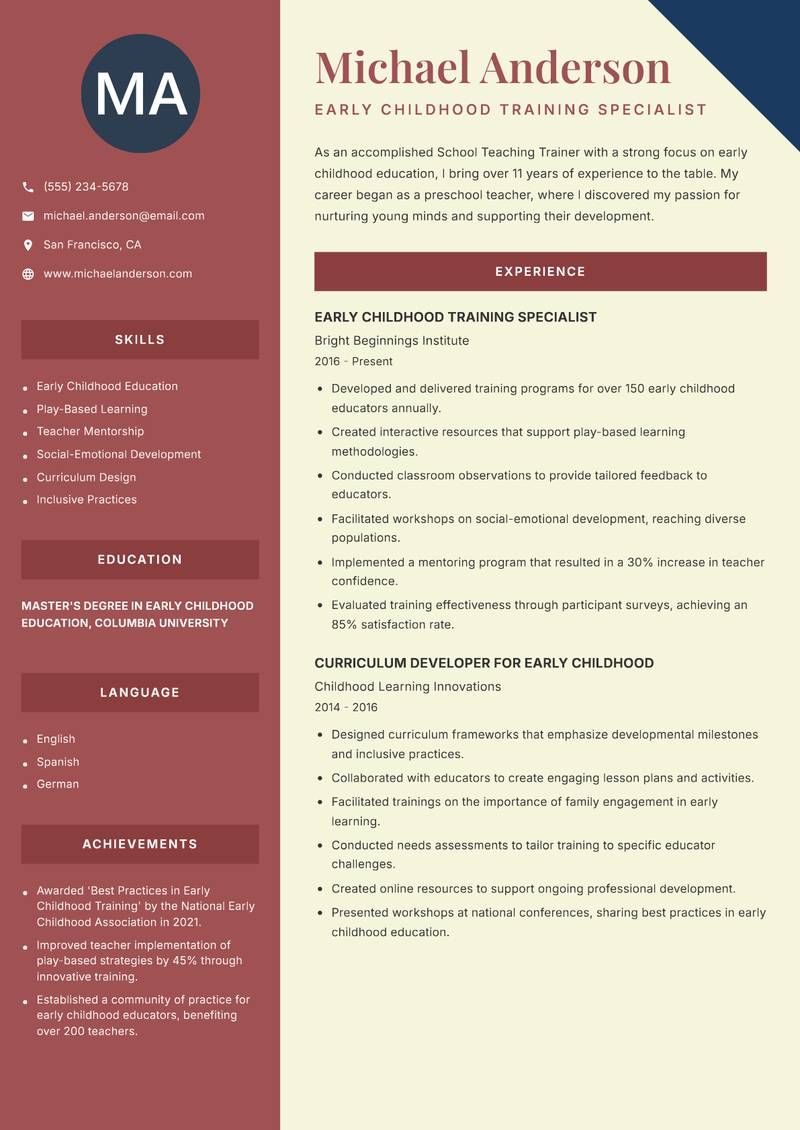 School Teaching Trainer resume sample — Early Childhood Training Specialist focus