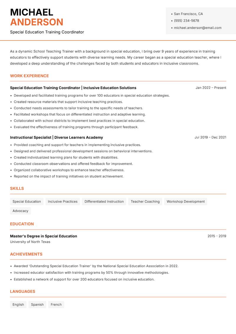 School Teaching Trainer resume sample — Special Education Training Coordinator focus