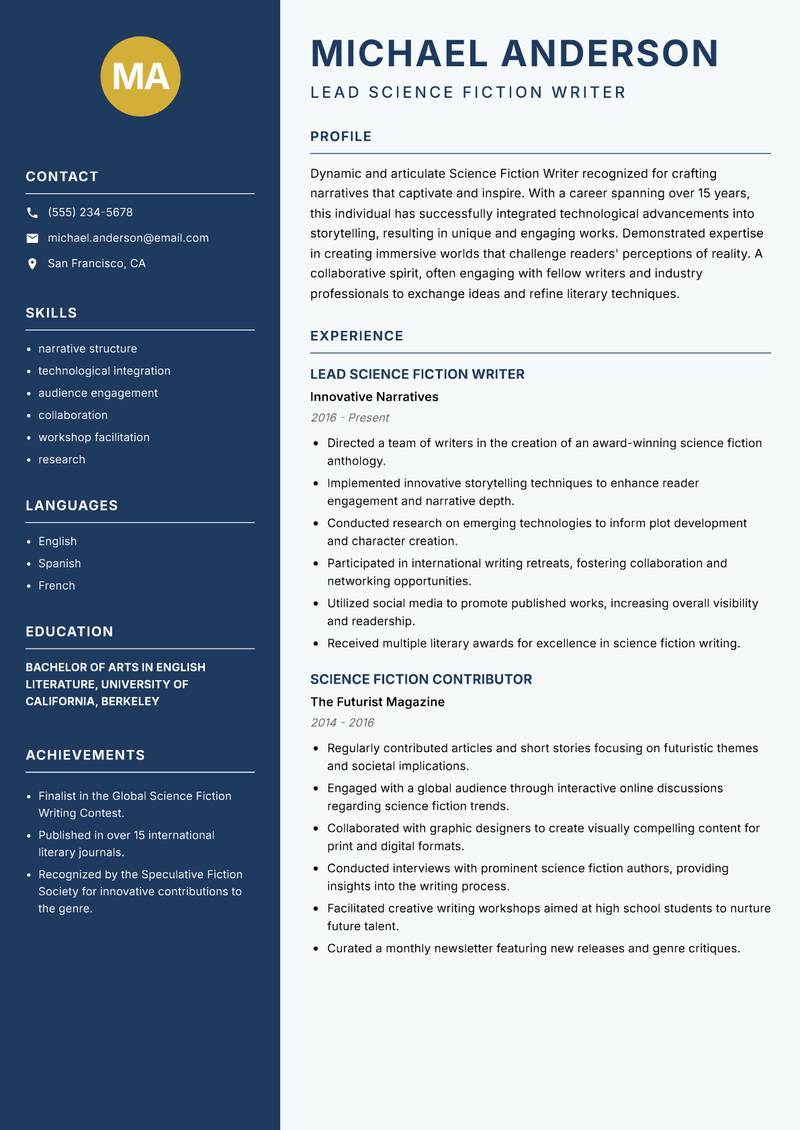 Science Fiction Writer resume sample — Lead Science Fiction Writer focus