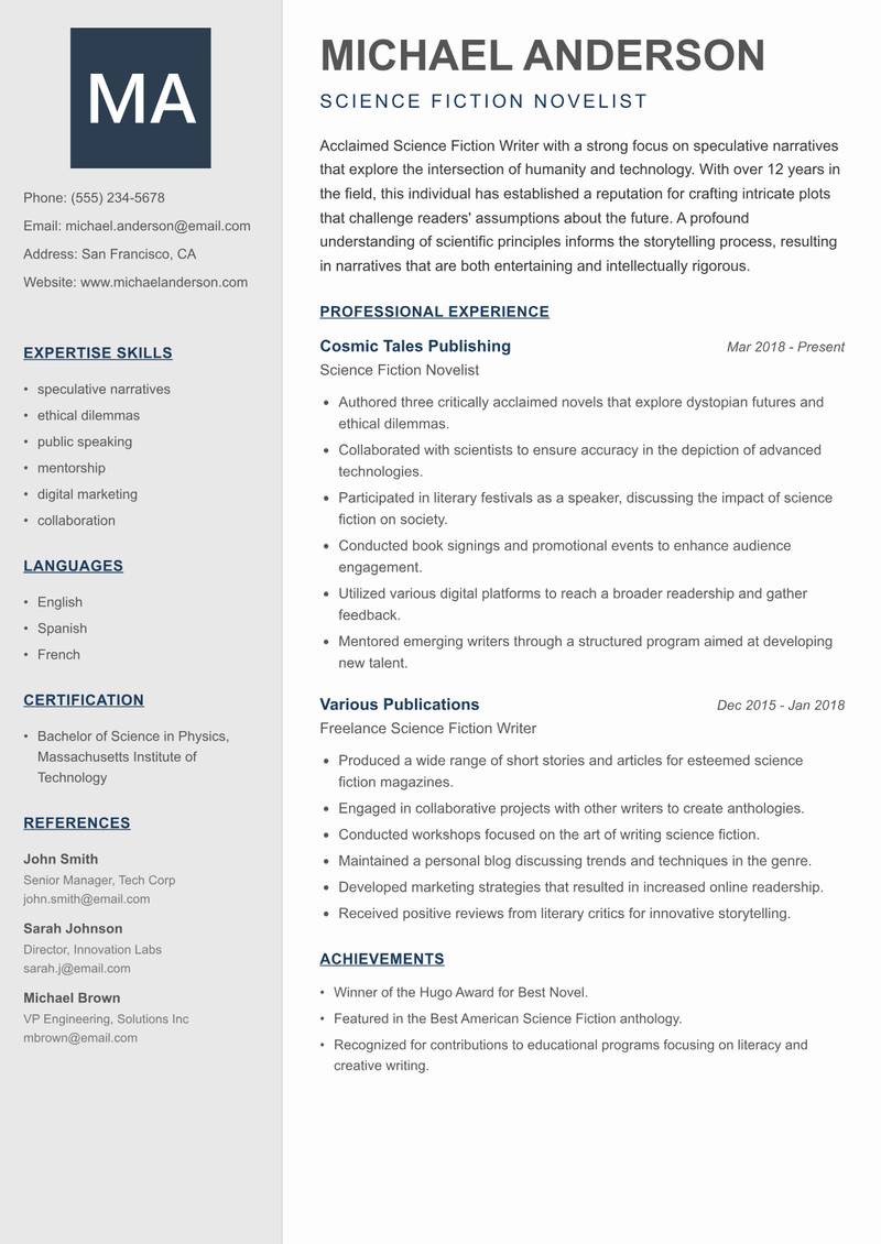 Science Fiction Writer resume sample — Science Fiction Novelist focus