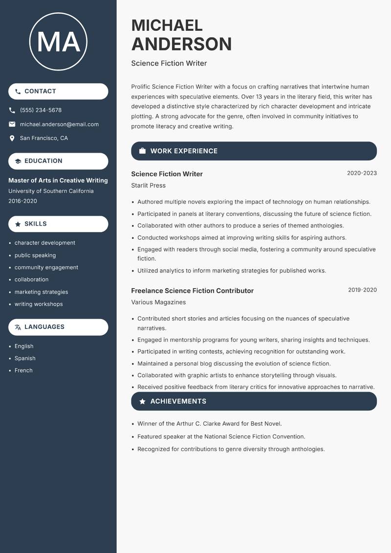 Science Fiction Writer resume sample — Science Fiction Writer focus