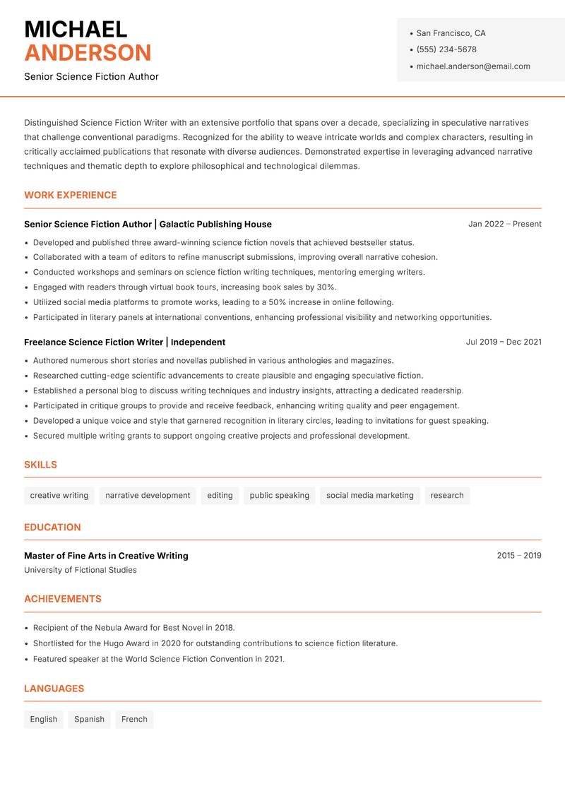Science Fiction Writer resume sample — Senior Science Fiction Author focus