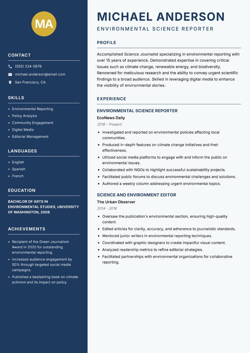Science Reporter resume sample — Environmental Science Reporter focus