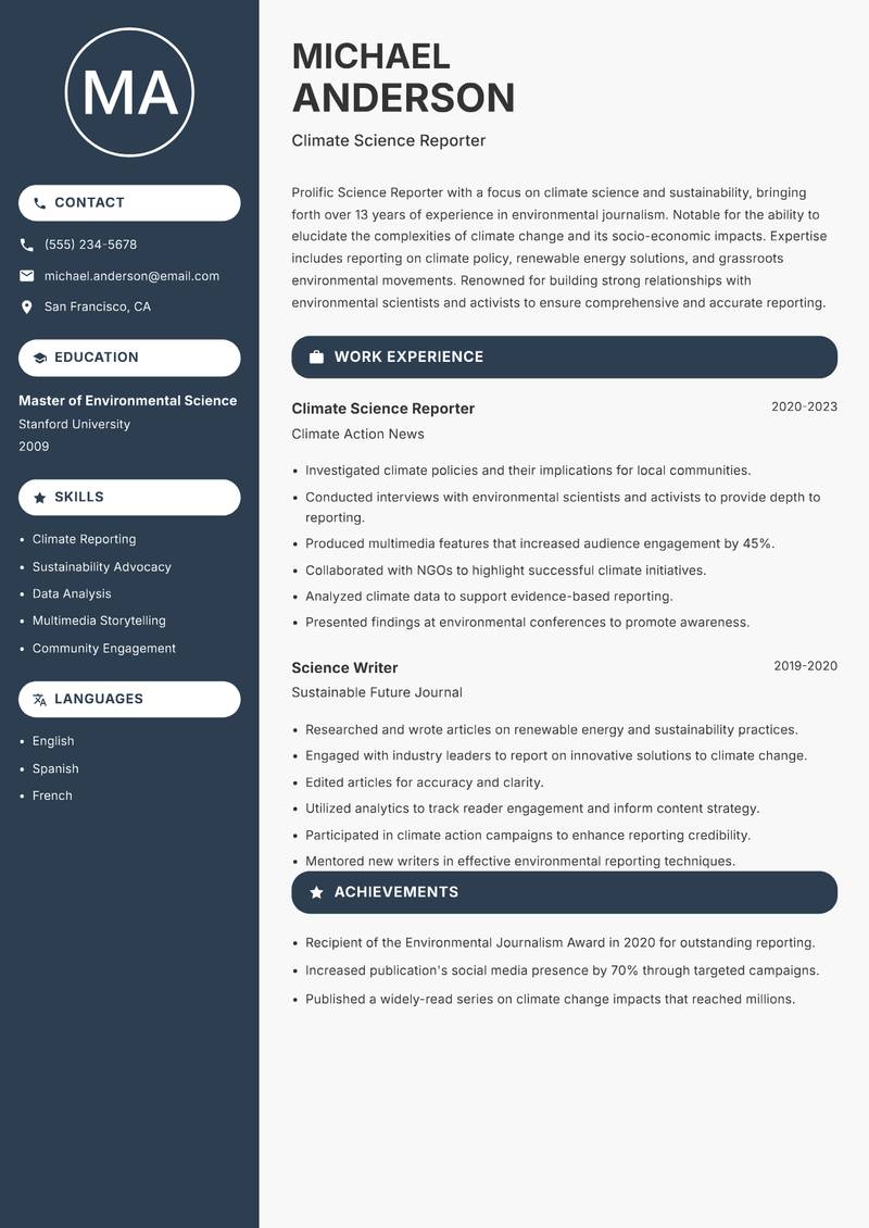Science Reporter resume sample — Climate Science Reporter focus