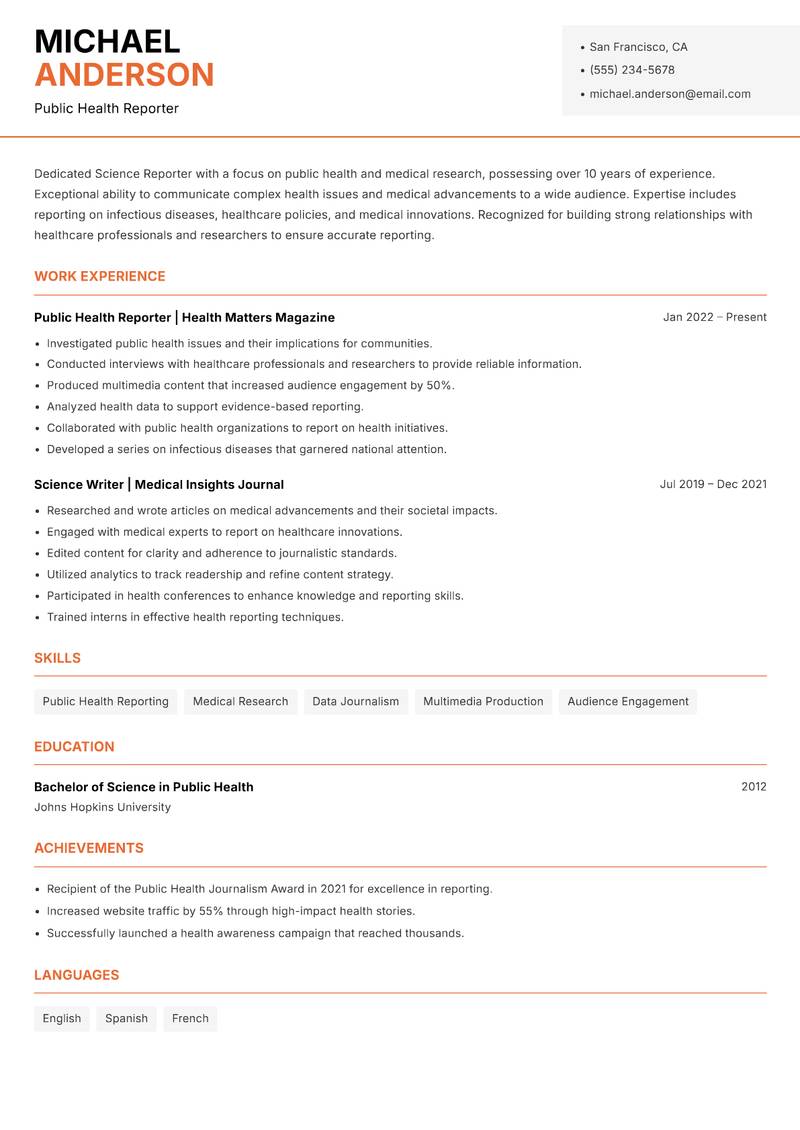 Science Reporter resume sample — Public Health Reporter focus