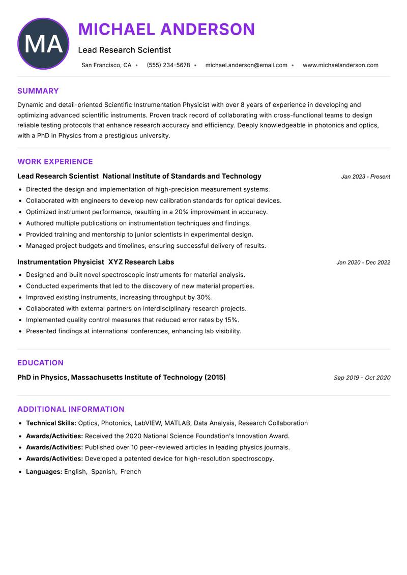 Scientific Instrumentation Physicist resume example