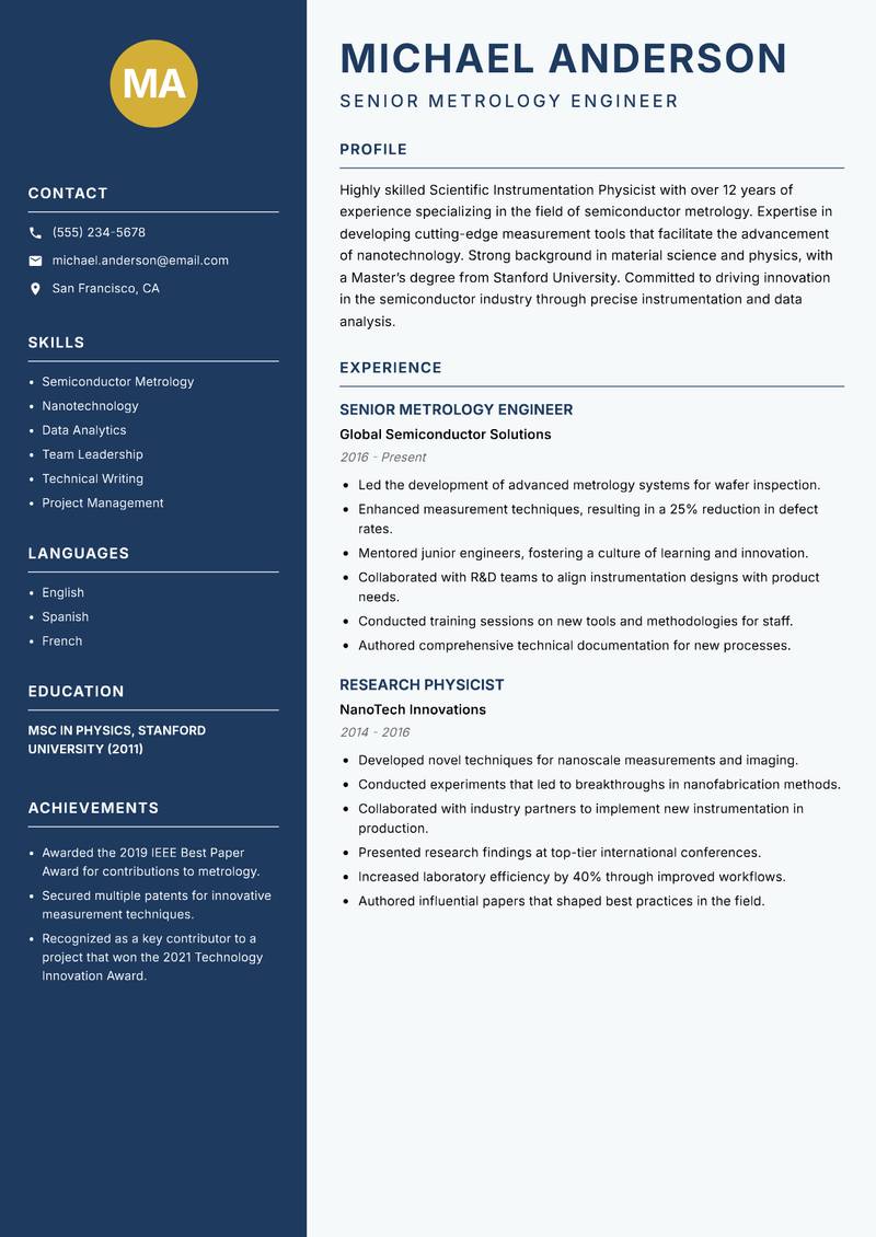 Scientific Instrumentation Physicist resume sample — Senior Metrology Engineer focus