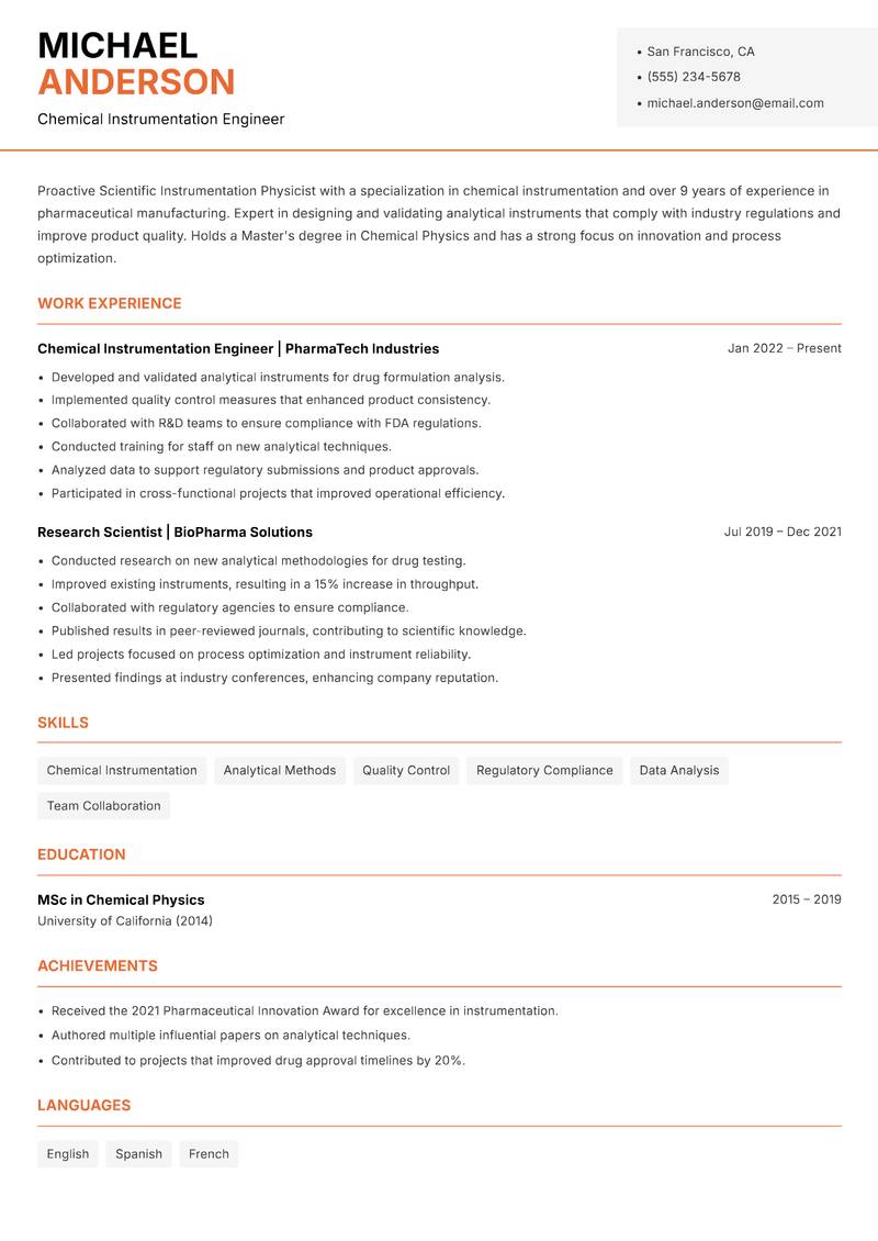 Scientific Instrumentation Physicist resume sample — Chemical Instrumentation Engineer focus