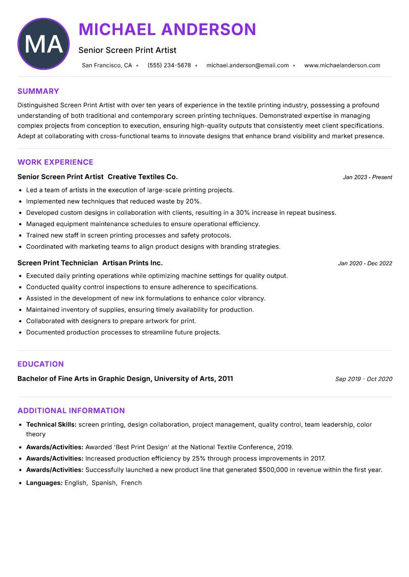 Screen Print Artist resume example