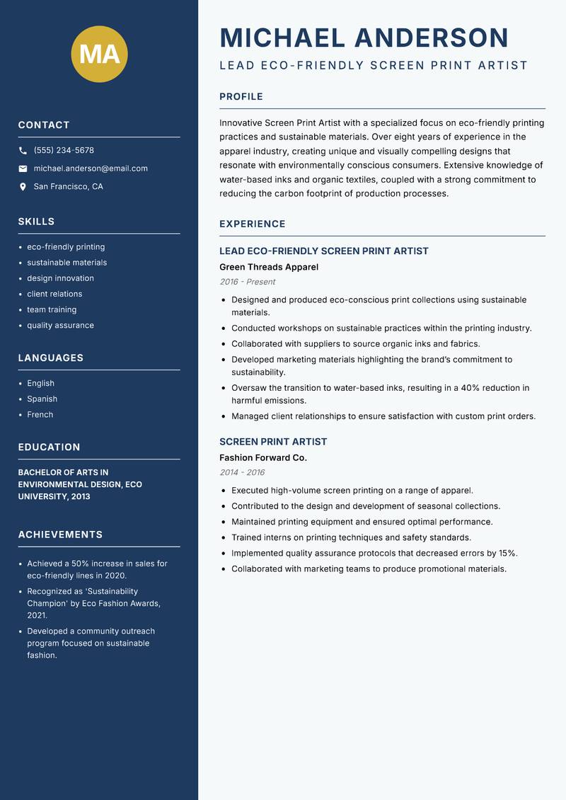 Screen Print Artist resume sample — Lead Eco-Friendly Screen Print Artist focus