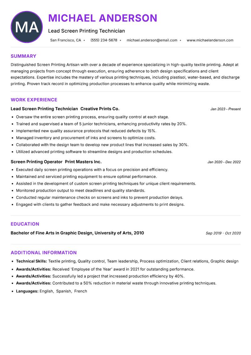 Screen Printing Artisan resume example
