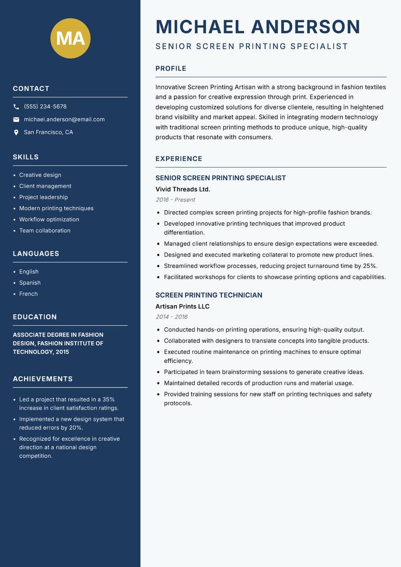 Screen Printing Artisan resume sample — Senior Screen Printing Specialist focus