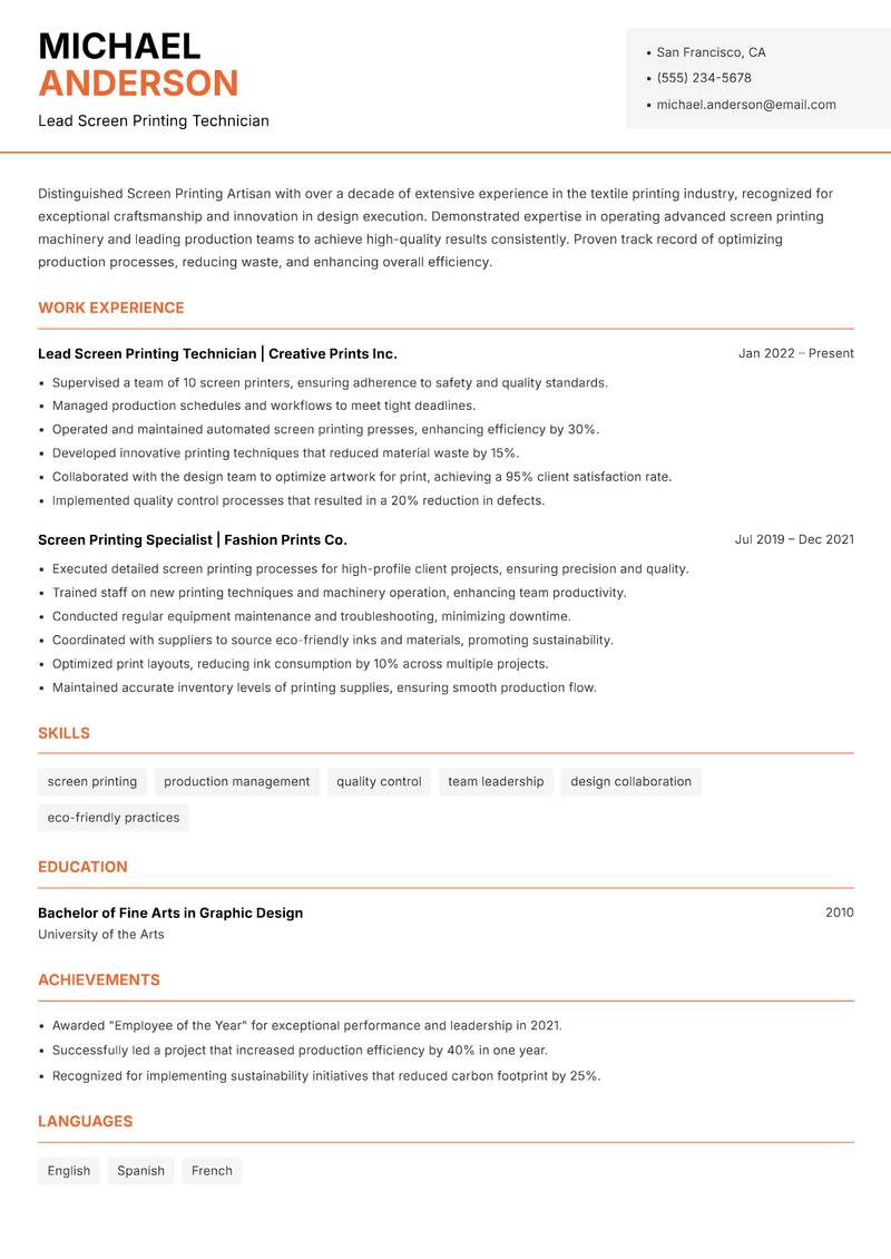 Screen Printing Artisan resume sample — Lead Screen Printing Technician focus