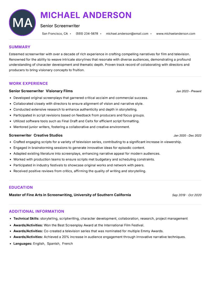 Screenwriter resume example