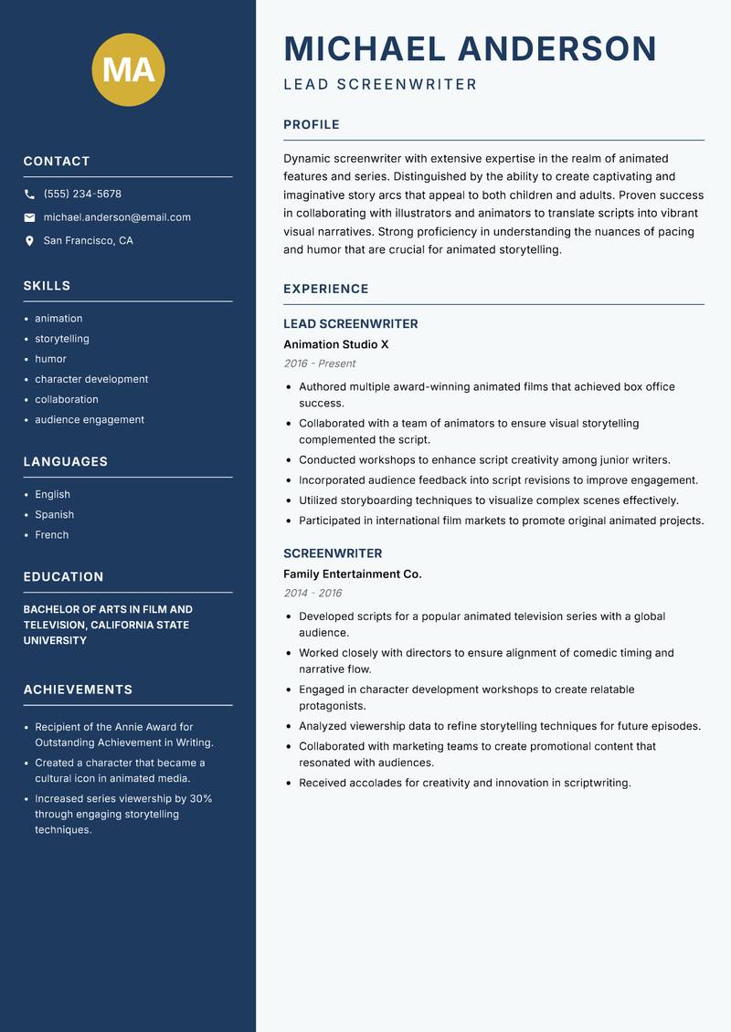 Screenwriter resume sample — Lead Screenwriter focus