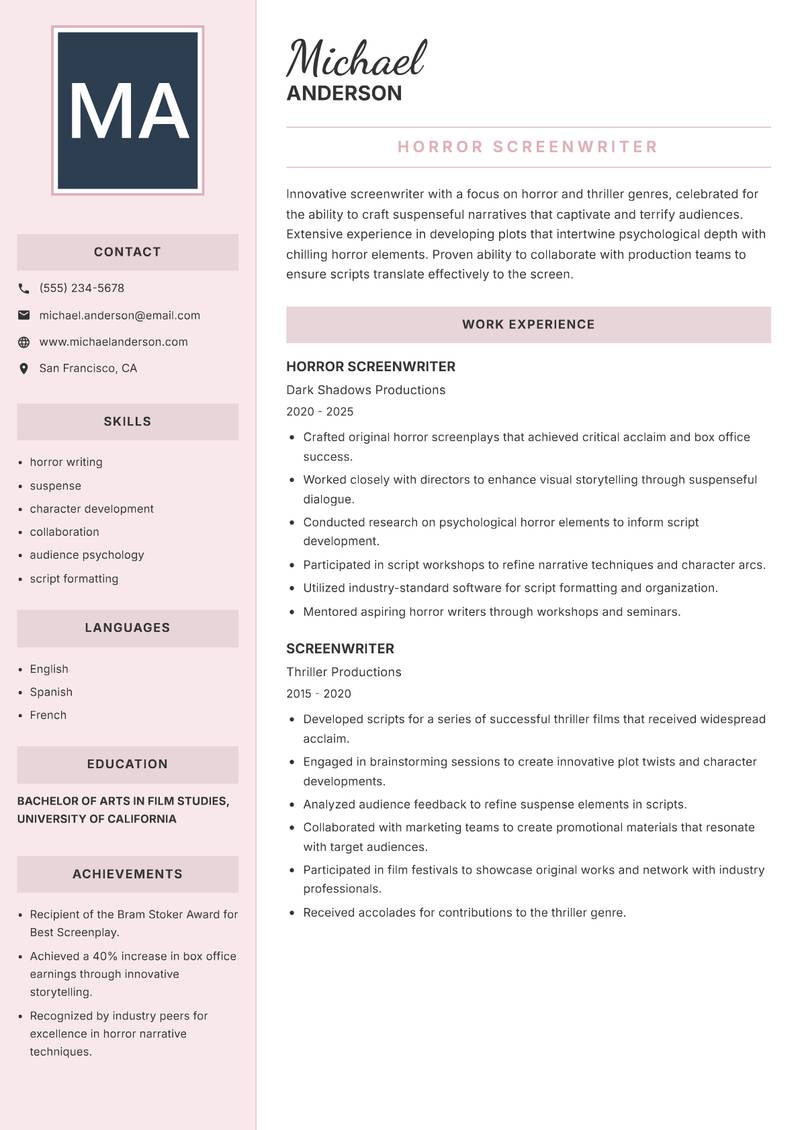 Screenwriter resume sample — Horror Screenwriter focus