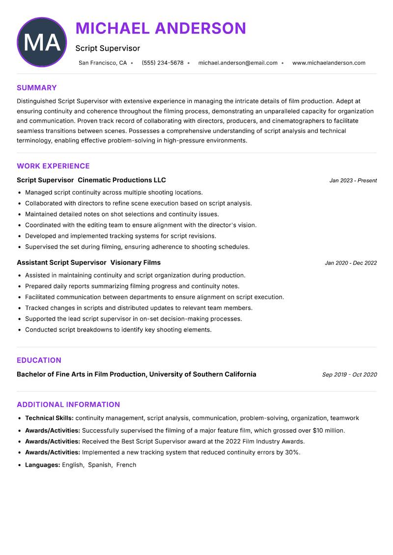 Script Supervisor resume example