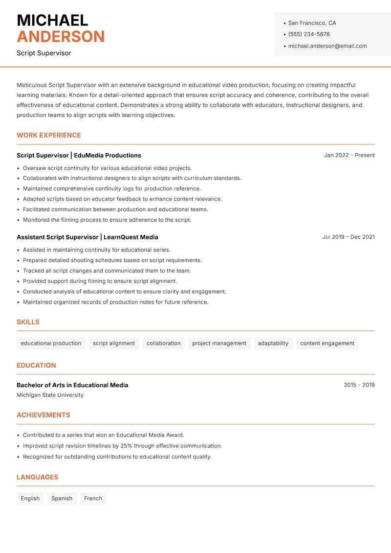 Script Supervisor resume sample — Script Supervisor focus