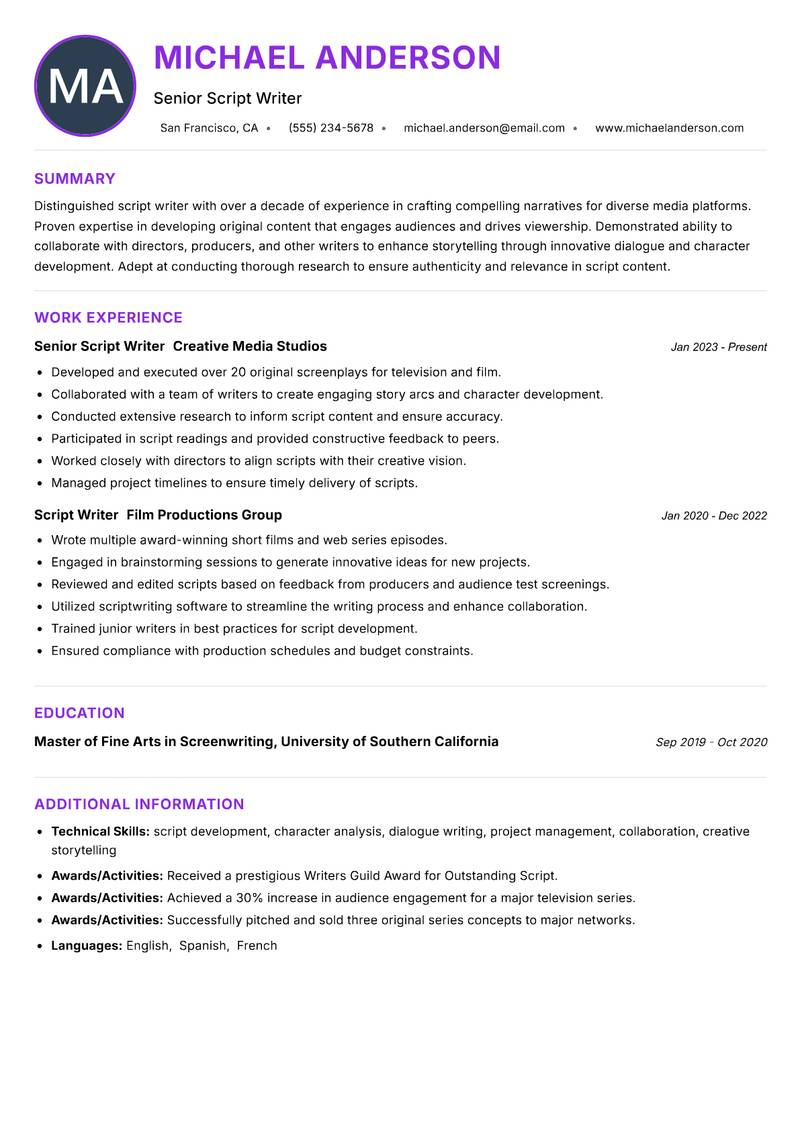 Script Writer resume example