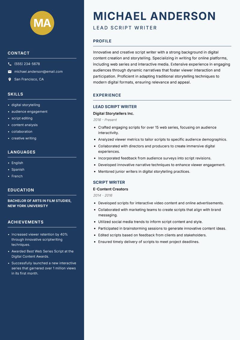 Script Writer resume sample — Lead Script Writer focus