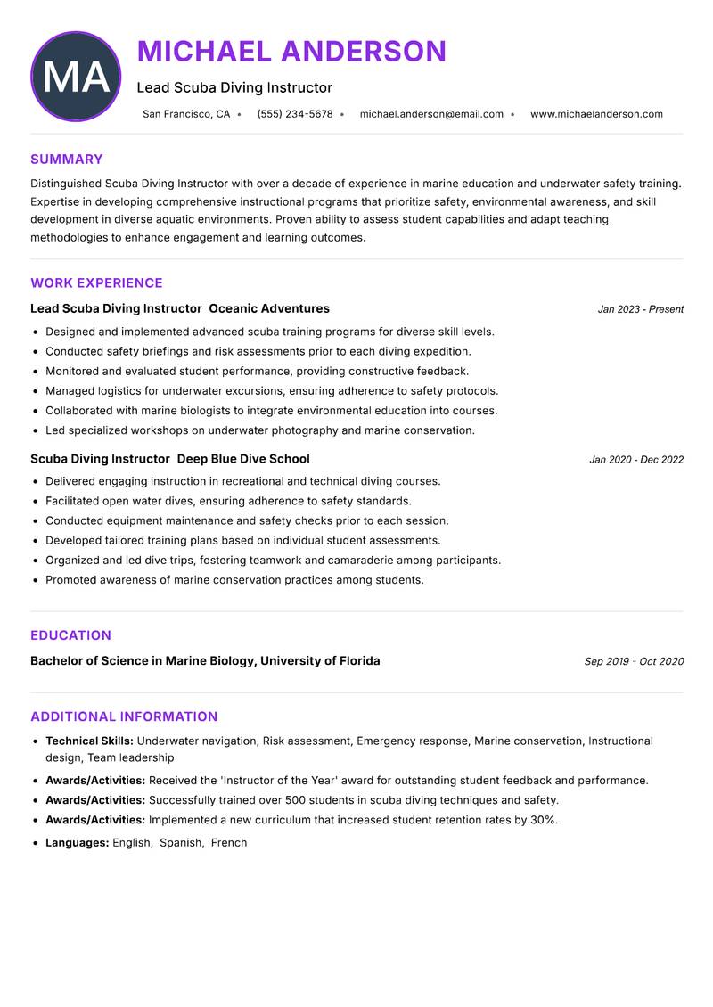 Scuba Diving Instructor resume example