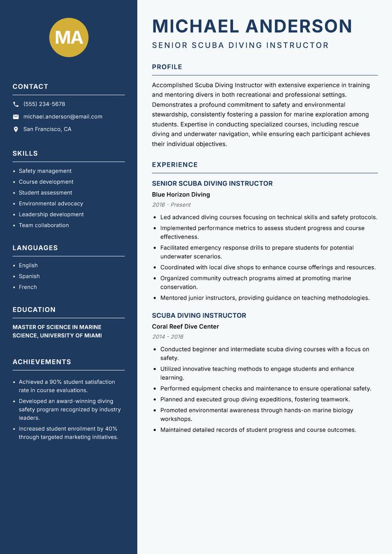 Scuba Diving Instructor resume sample — Senior Scuba Diving Instructor focus