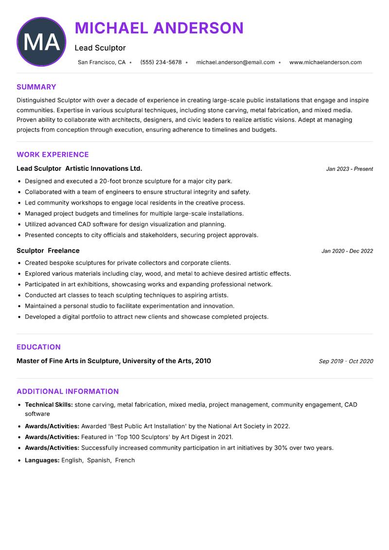 Sculptor resume example