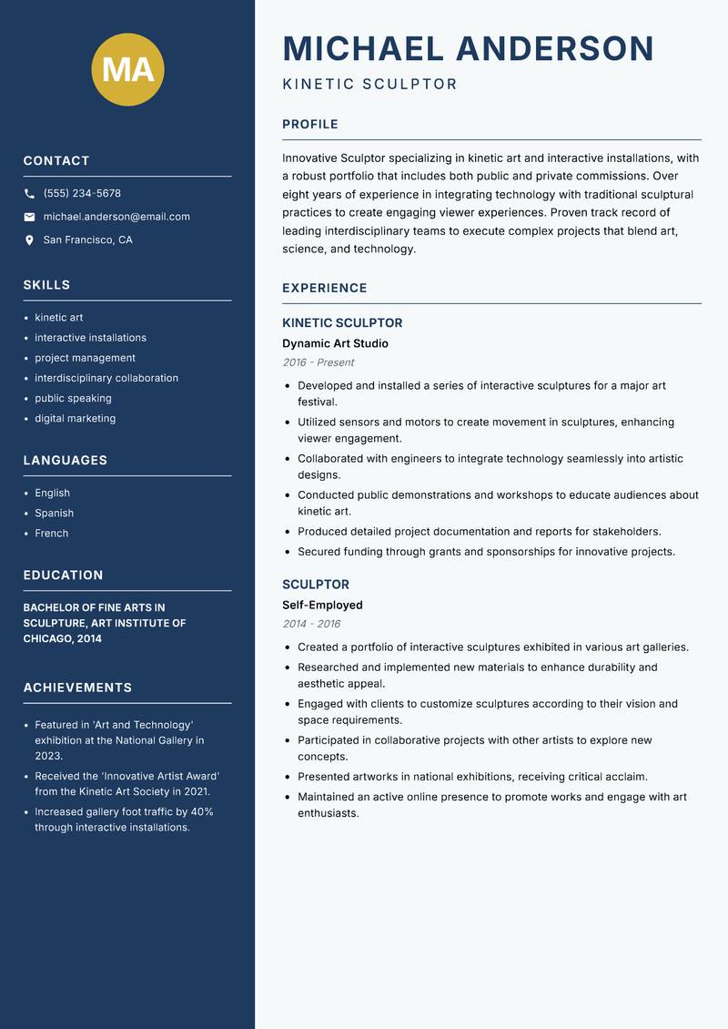 Sculptor resume sample — Kinetic Sculptor focus