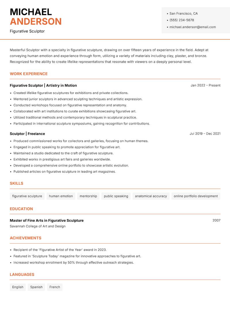Sculptor resume sample — Figurative Sculptor focus