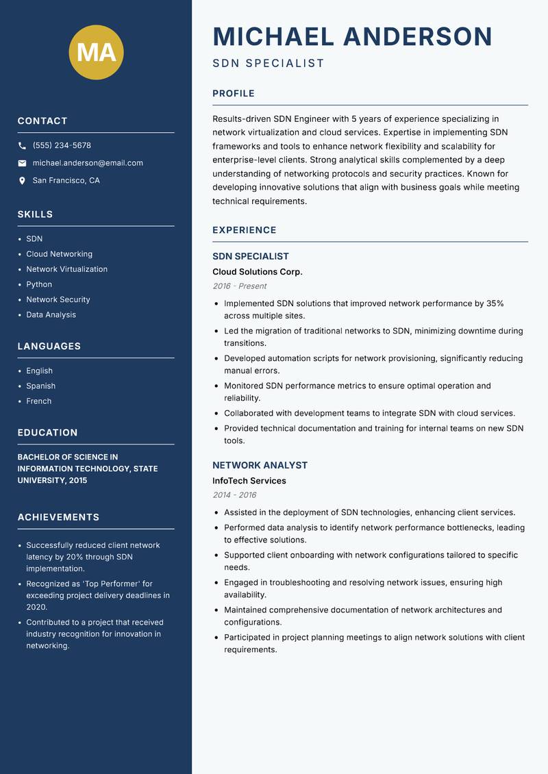 SDN Engineer resume sample — SDN Specialist focus