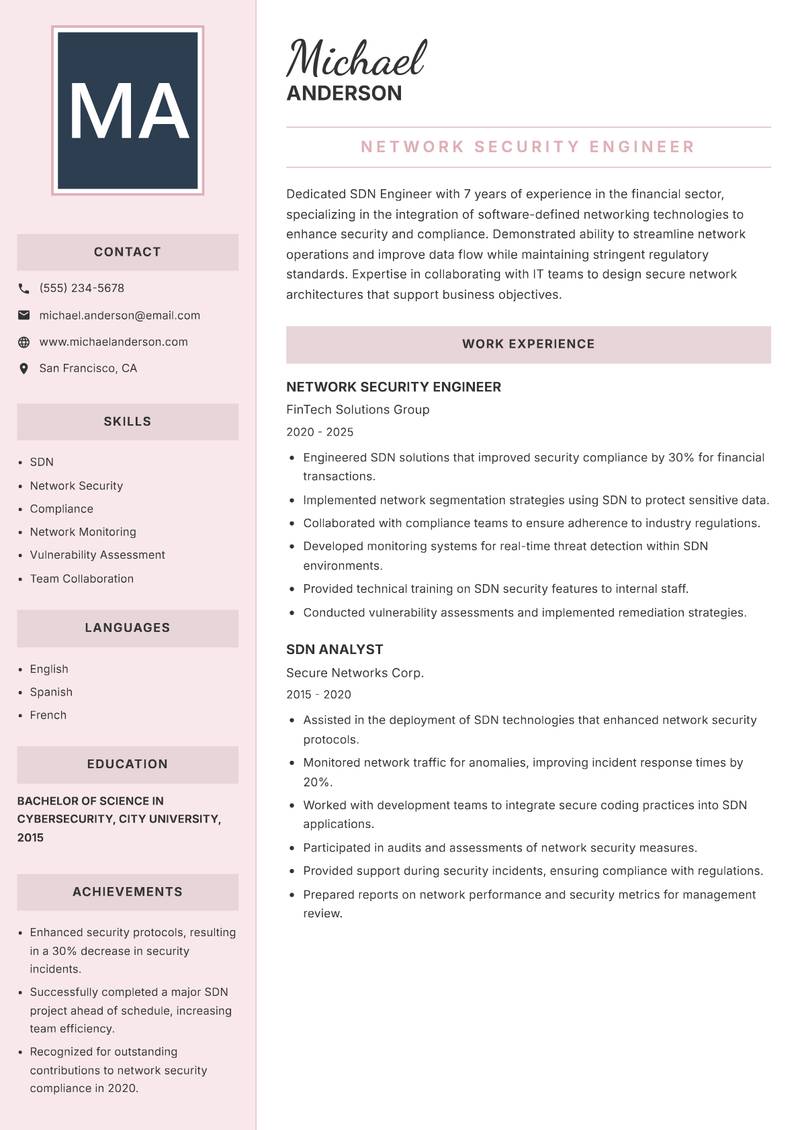 SDN Engineer resume sample — Network Security Engineer focus