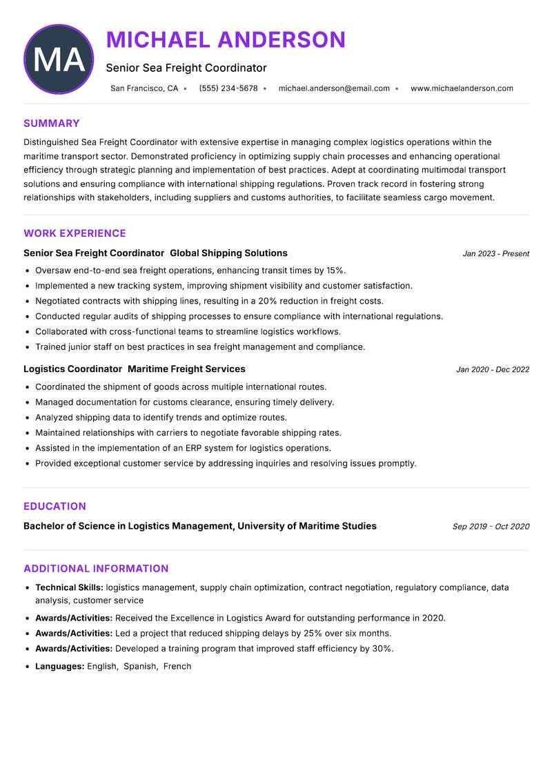 Sea Freight Coordinator resume example