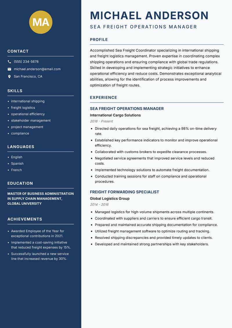 Sea Freight Coordinator resume sample — Sea Freight Operations Manager focus