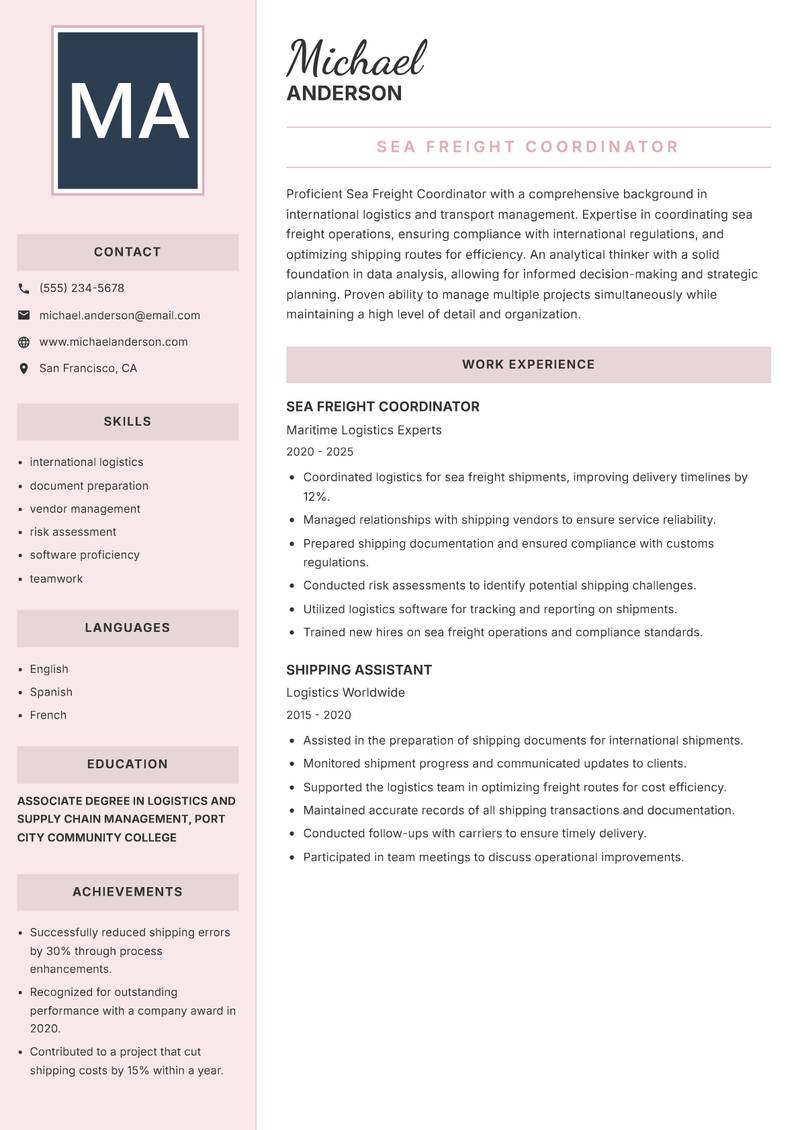 Sea Freight Coordinator resume sample — Sea Freight Coordinator focus