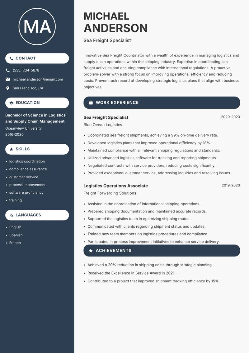 Sea Freight Coordinator resume sample — Sea Freight Specialist focus