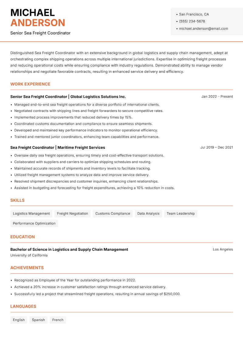 Sea Freight Coordinator resume sample — Senior Sea Freight Coordinator focus