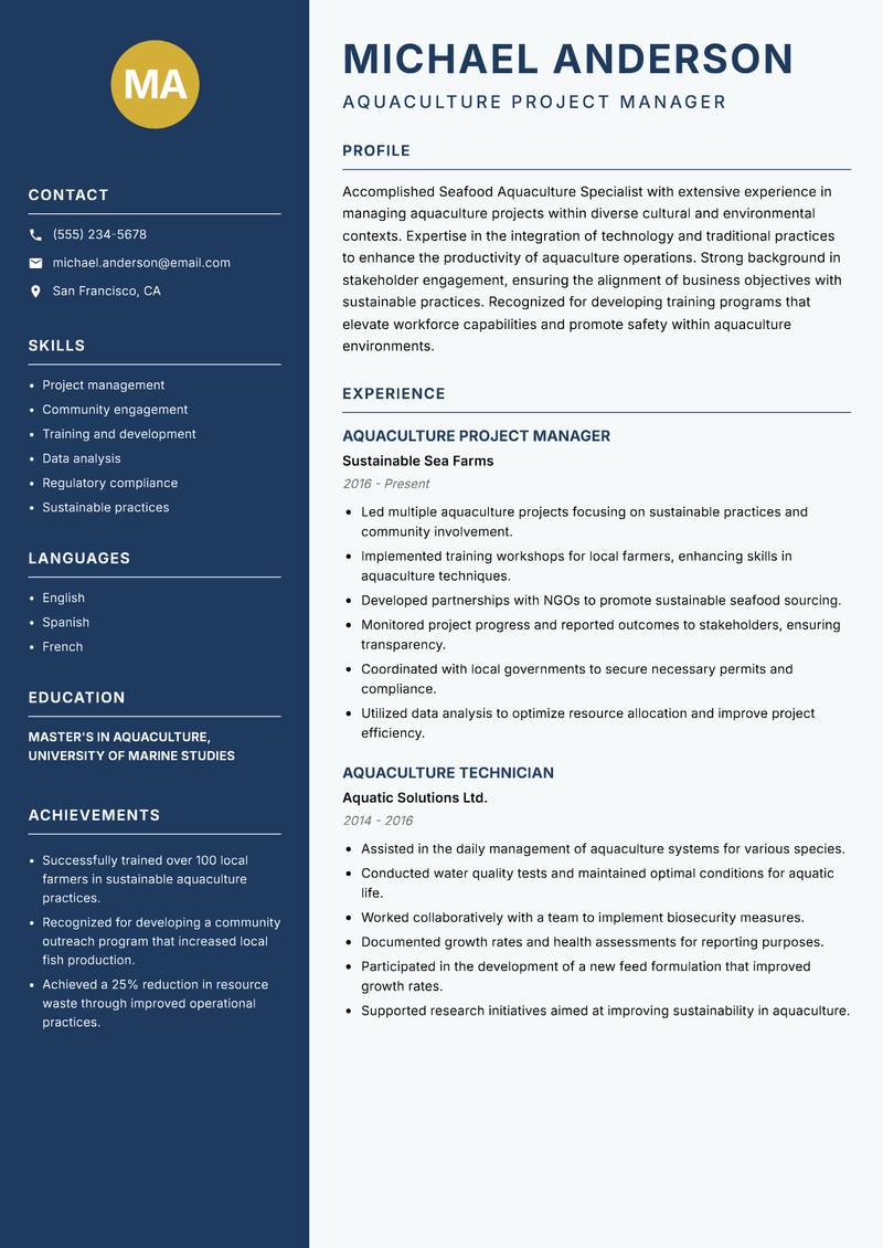 Seafood Aquaculture Specialist resume sample — Aquaculture Project Manager focus