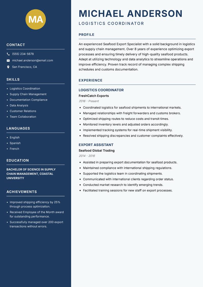 Seafood Export Specialist resume sample — Logistics Coordinator focus