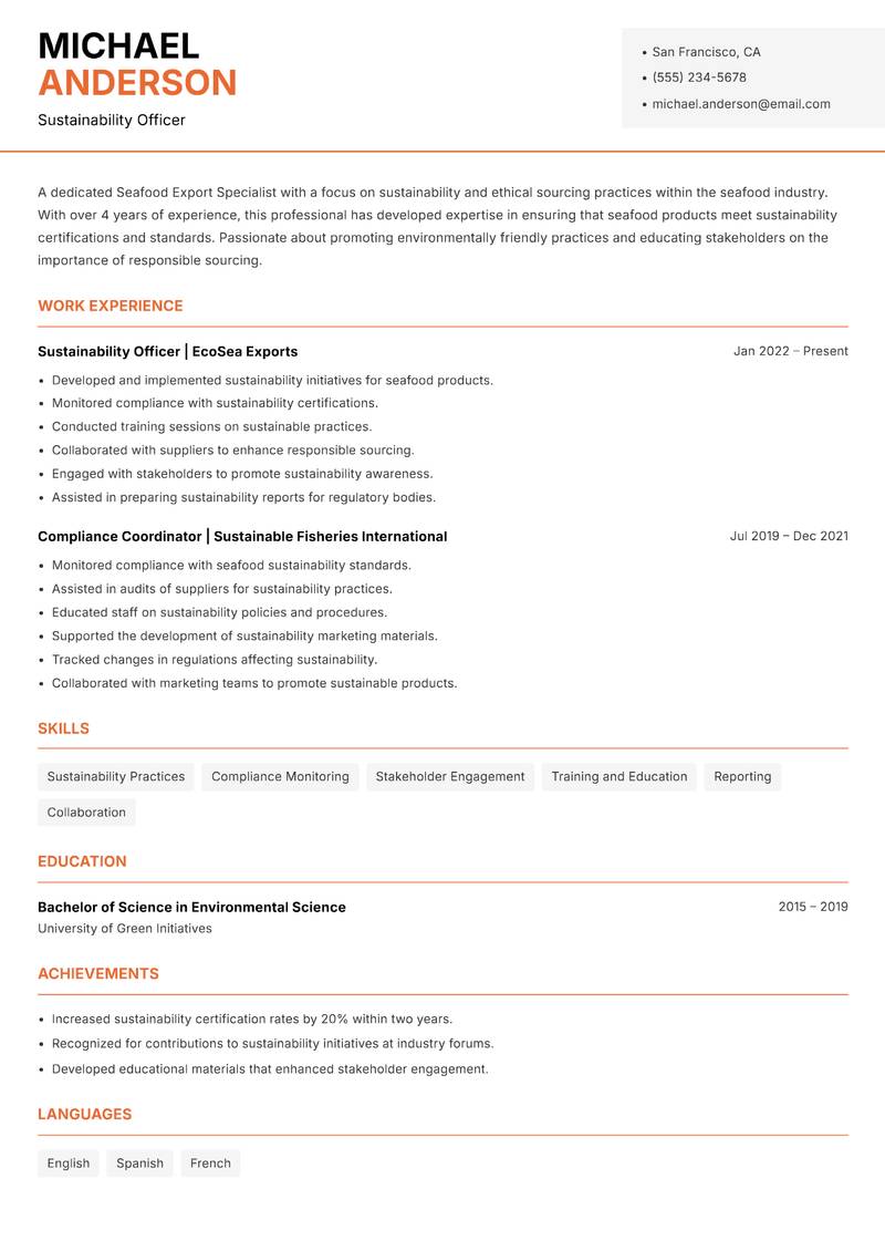 Seafood Export Specialist resume sample — Sustainability Officer focus