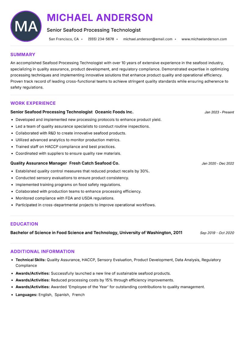 Seafood Processing Technologist resume example