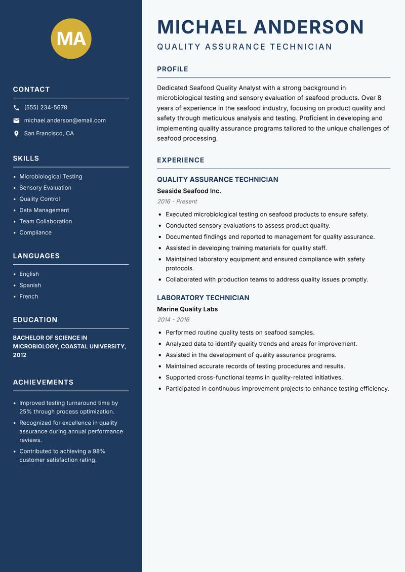 Seafood Quality Analyst resume sample — Quality Assurance Technician focus