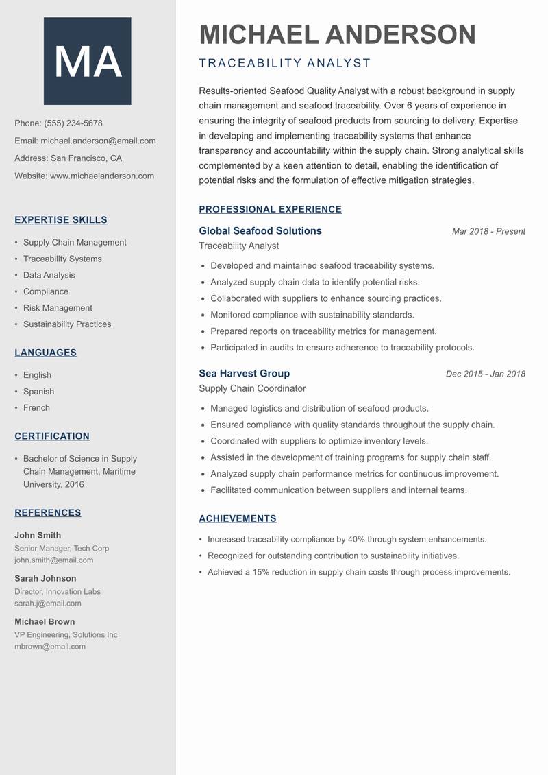 Seafood Quality Analyst resume sample — Traceability Analyst focus