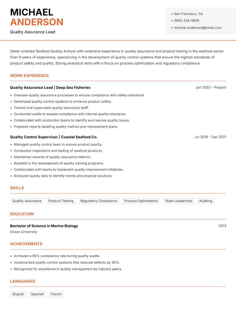 Seafood Quality Analyst resume sample — Quality Assurance Lead focus