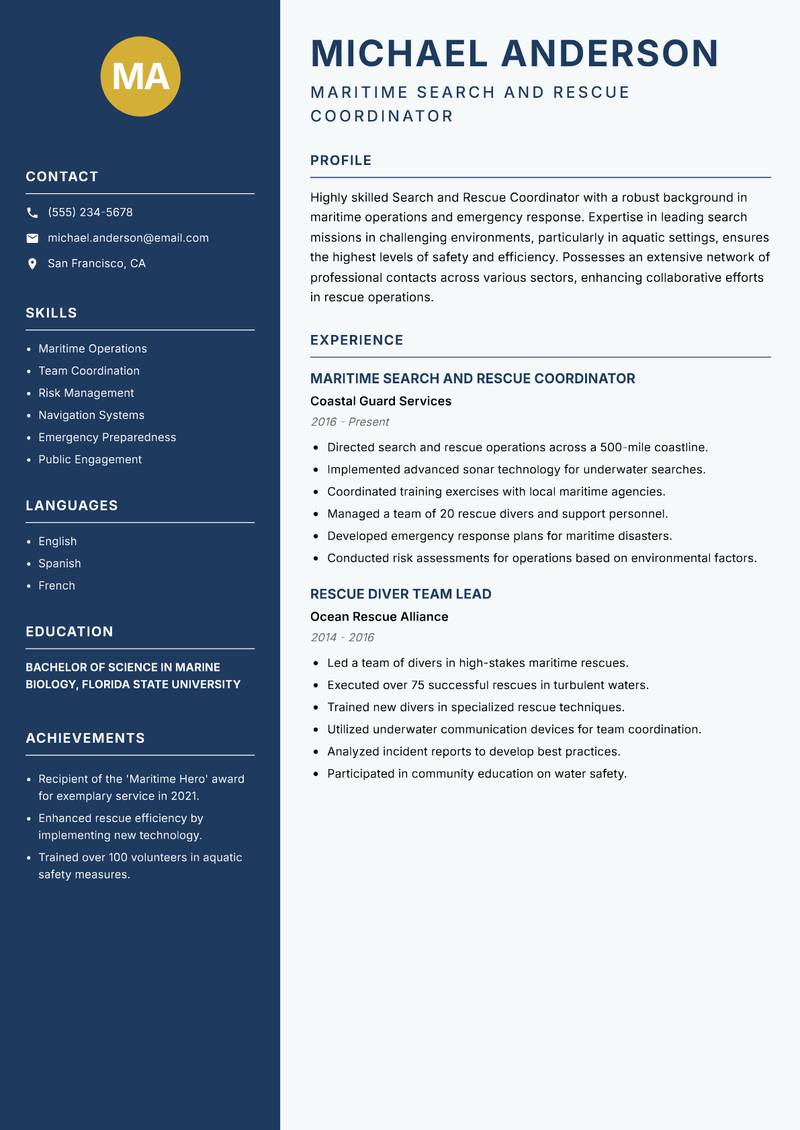 Search and Rescue Coordinator resume sample — Maritime Search and Rescue Coordinator focus