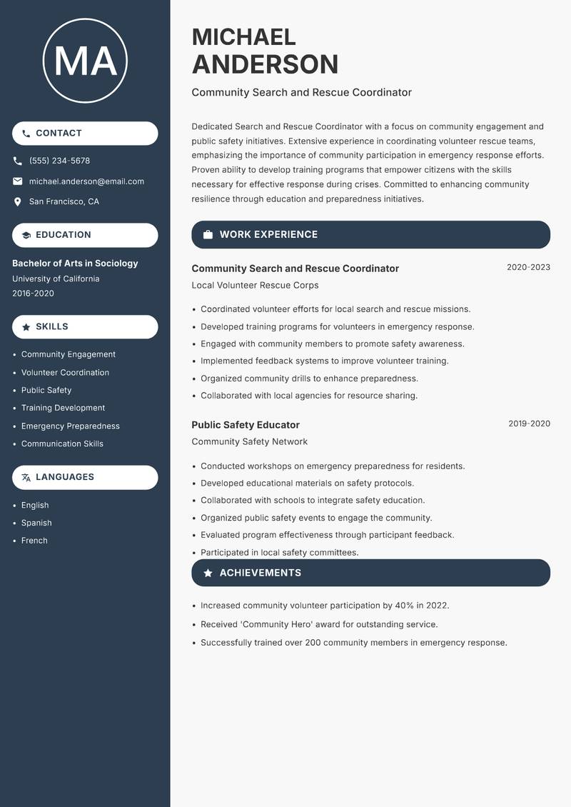 Search and Rescue Coordinator resume sample — Community Search and Rescue Coordinator focus