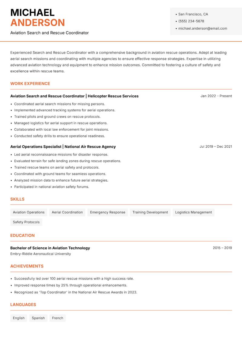 Search and Rescue Coordinator resume sample — Aviation Search and Rescue Coordinator focus