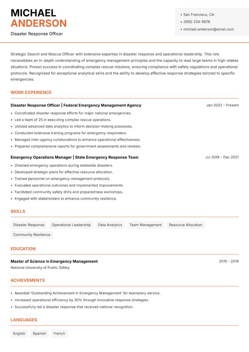Search and Rescue Officer resume sample — Disaster Response Officer focus