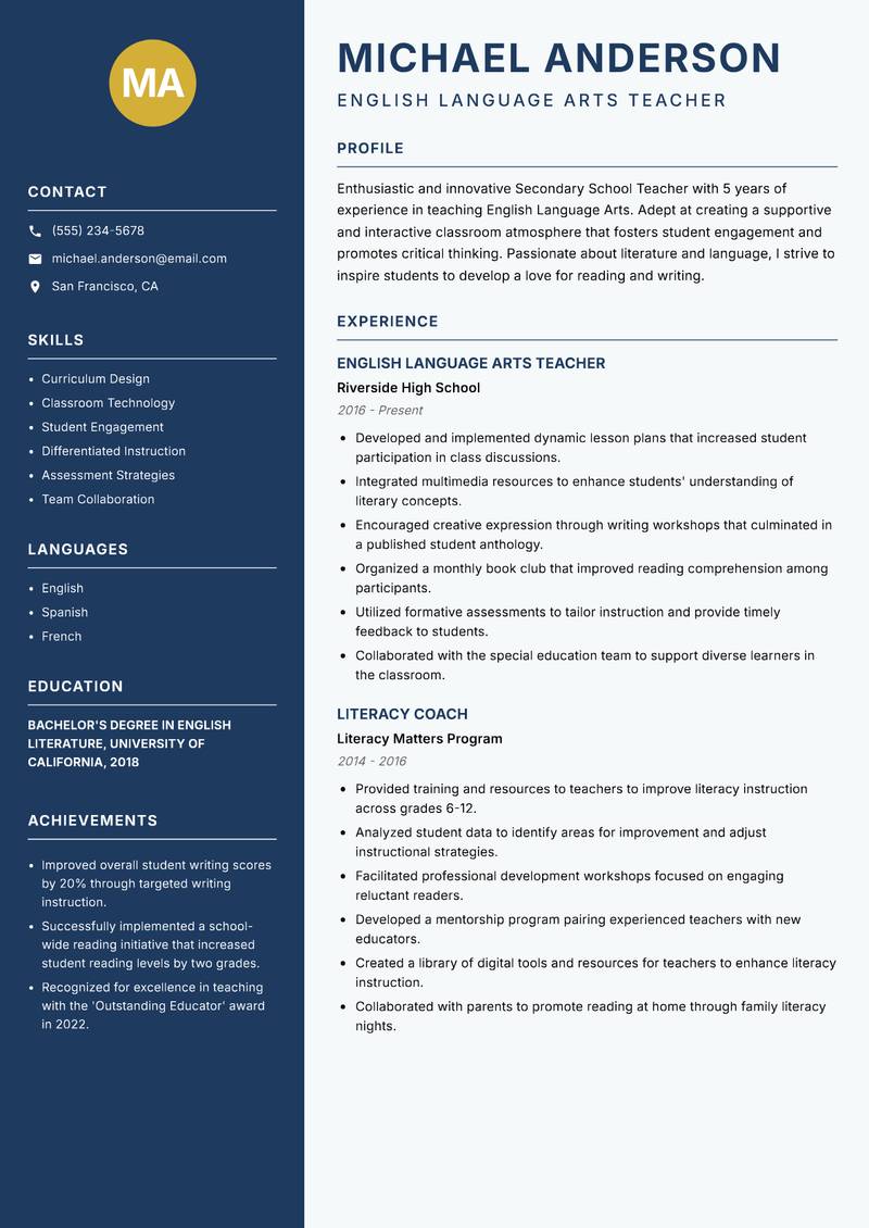 Secondary School Teacher resume sample — English Language Arts Teacher focus