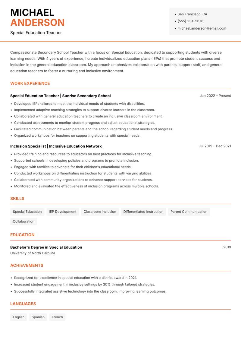Secondary School Teacher resume sample — Special Education Teacher focus
